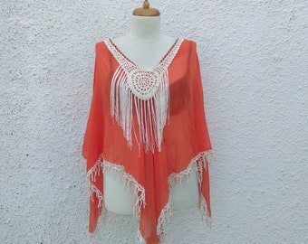 Orange Tulle Dress, Chic Style Tunic, Patchwork Fringed Top, Handmade Poncho, Beach Dress