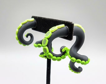 Lime Green and Black Flexible Tentacle Earrings, Fake Plugs, Fake Gauges, Handmade Polymer Clay