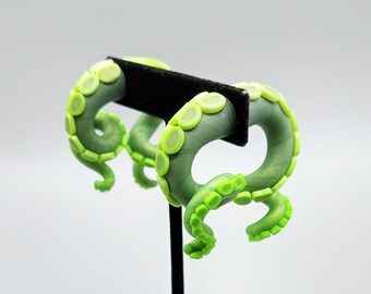 Green Gradient Dill Pickle Colorful Tentacle Earrings, Fake Plugs, Fake Gauges, Polymer Clay