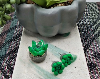 Succulent Stud Earrings and Necklace Charm Set, Dark Green Purple Handmade Polymer Clay Artwork Jewelry