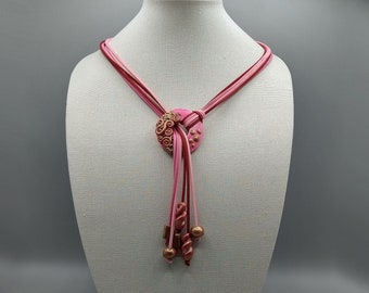 Swirling Abstract Pink Lariat Necklace, Y Style Wrapping Necklace, Polymer Clay Jewelry, Art Jewelry