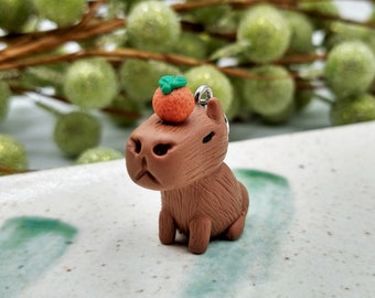 Capybara with Mandarin Orange on Head, Handmade Polymer Clay Charm, Keychain, Necklace, or Charm Strap