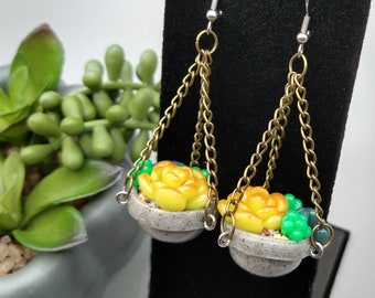 Hanging Succulent Planter Terrarium Earrings, Handmade Polymer Clay Earrings