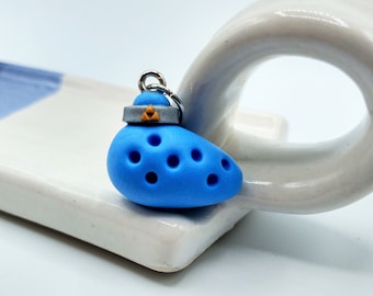 Blue Ocarina Charm, Hand Sculpted, Nerdy Jewelry, Polymer Clay