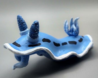 Blue and White Nudibranch Sculpture, Hand crafted and Hand Painted, Small Sculpture, One of a Kind.