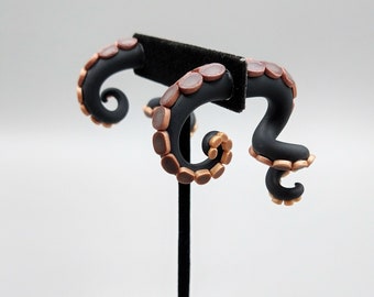 Copper and Gold on Black Flexible Tentacle Earrings, Fake Plugs, Fake Gauges, Handmade Polymer Clay