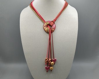 Abstract Art Red and Gold Lariat Necklace, Y Style Wrap Necklace, Polymer Clay Jewelry