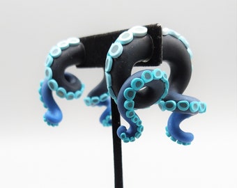 Black and Blue Gradient Tentacle Earrings, Fake Plugs, Fake Gauges, Polymer Clay