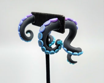 Galaxy Blue Purple on Black Flexible Tentacle Earrings, Fake Plugs, Fake Gauges, Handmade Polymer Clay