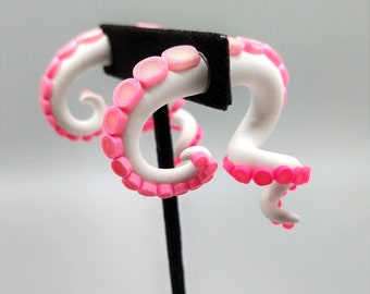 Hot Pink and White Tentacle Earrings, Fake Plugs, Fake Gauges, Handmade Polymer Clay