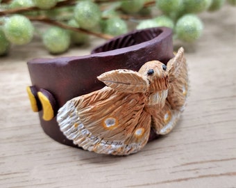 Rustic Moth and Golden Moons Handmade flexible polymer clay Bracelet