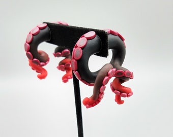 Black and Red Gradient Tentacle Earrings, Fake Plugs, Fake Gauges, Polymer Clay