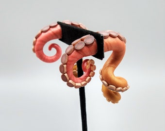 Flame Princess Golden Red Tentacle Earrings, Fake Plugs, Fake Gauges, Polymer Clay, Hand Sculpted