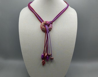 Abstract Art Nouveau Lariat Necklace, Y Style Wrapping Necklace, Deep Purple Polymer Clay Jewelry