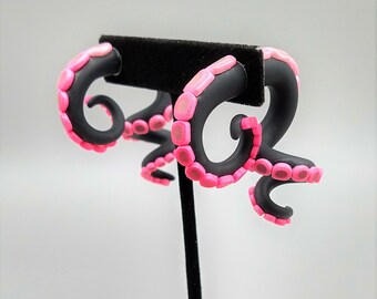 Hot Pink and Black Flexible Tentacle Earrings, Fake Plugs, Fake Gauges, Handmade Polymer Clay