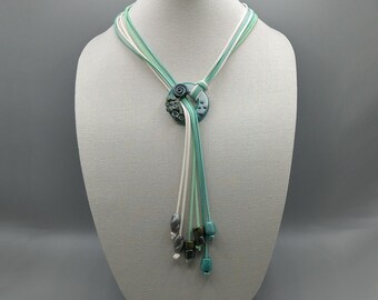 Abstract Polymer Clay Lariat Necklace Y Necklace Green and White Metal Free Wrapping Necklace