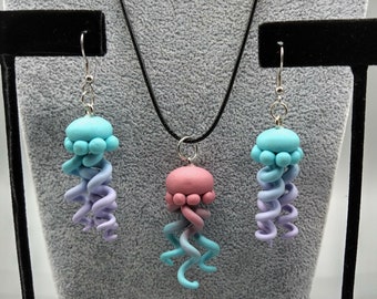 Ombre Jellyfish Necklace and Earring Set, Flexible Handmade Polymer Clay Jellyfish Charms