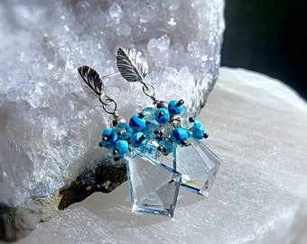 Blue Topaz with Turquoise and Aquamarine. Mixed Metals on Sterling Silver Leaf Posts Gift for Her