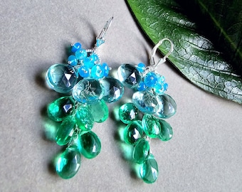 Colorful Blue Green Quartz with Opals on Sterling Silver Leverbacks Gift for Her