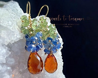 Cognac Quartz with Blue and Green Kyanite on Gold Filled Ear Wires Gift for Her