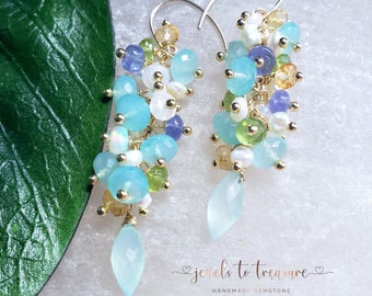 Chalcedony with Opals Peridot and Citrine Waterfall Earrings on Gold Filled Ear Wires Gift For Her