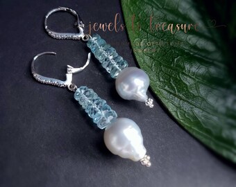 Large White Baroque Pearl with Aquamarine on Sterling Silver Crystal Pave Leverbacks