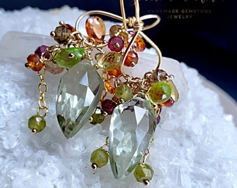 Green Amethyst with Tundra Sapphires and Peridot on Gold Filled Earwires
