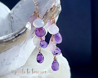 Amethyst with Lavender and White Chalcedony on Rose Gold Ear Wires Gift For Her