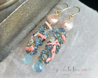 Blush Coin Pearl with Santa Maria Aquamarine an Cupolini Coral On Gold Filled Ear Wires Gift for Her