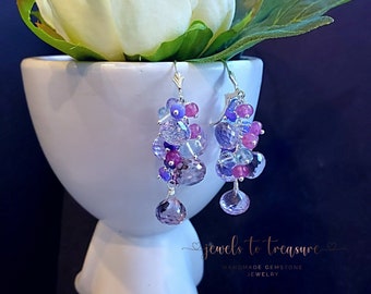 Pink Amethyst with Aquamarine and Pink Sapphires on Sterling Silver Leverbacks Gift for Her