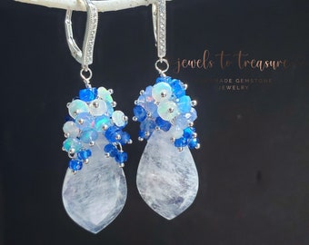 Exquisite Blue Flash Moonstone with Blue Spinel and Colorful Opals on Sterling Silver Leverbacks