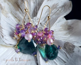 Teal Quartz with Sapphires and Opals on Gold Filled Ear Wires Gift For Her