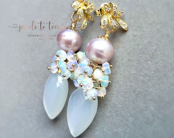 White Moonstone with Edison Pearls and Erhiopian Opals Gold Vermeil Crystal Posts Gift for Her