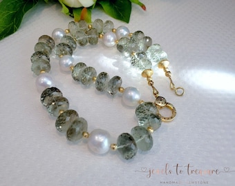 Prasiolite and Pearl Statement Necklace with Diamond Clasp Gift for Her