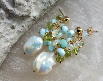 Baroque Pearls with Peridot and Ethiopian Opal on Gold Filled Posts