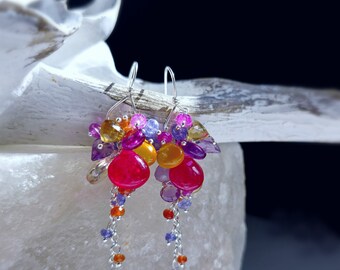 Cherry Red Chalcedony with Colorful Gemstones on Gold Filled Earwires Gift for Her