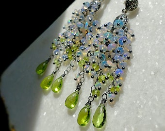 Art Deco Inspired Ethiopian and Peridot Chandelier Earrings Statement Earrings on Oxidized Sterling Silver and Marcasite Posts