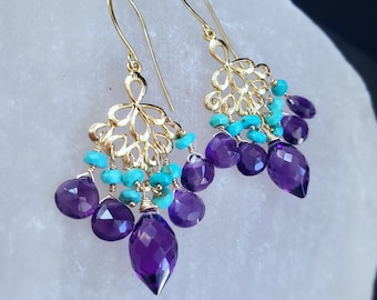 Amethyst with Sleeping Beauty Turquoise Chandelier Earrings on Gold Filled Ear Wires Gift for Her