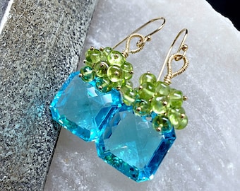 Sea Blue Topaz with Peridot on Gold Filled Ear Wires Gift for Her