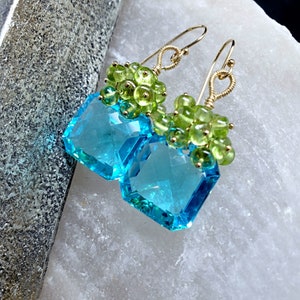 Sea Blue Topaz with Peridot on Gold Filled Ear Wires Gift for Her image 1