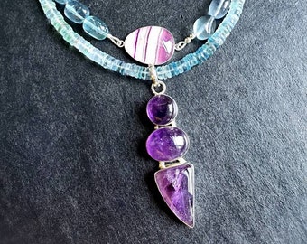 Two Strand Layer Necklace Fluorite with Natural Amethyst Pendant Gift for Her