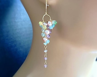 Pastel Gemstone Earrings Aqua Chalcedony Ethiopian Opal Pink Amethyst Blush Pearls on Gold Filled Earwires Gift for Her