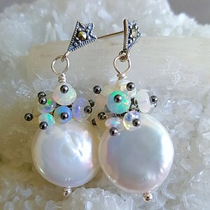 White Freshwater Coin Pearl Ethiopian Opal Cluster Earrings on Oxidized ...