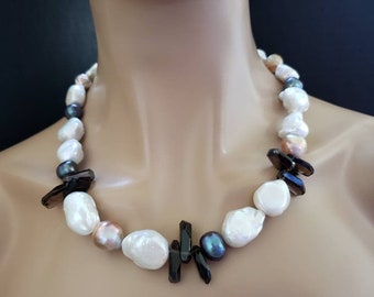 Large Baroque Pearl Necklace with Smoky Quartz Gift for Her