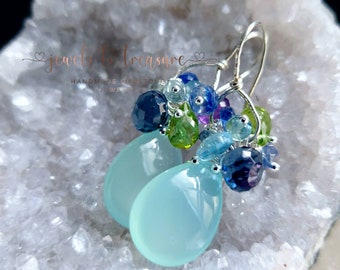 Aqua Chalcedony with Blue Topaz Quartz Peridot and Amethyst on Handformed Sterling Silver Ear Wires