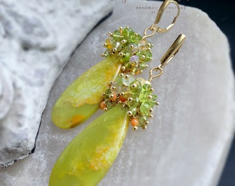 Serpentine with Peridot Opals Coral and Yellow Topaz on Gold Filled Leverbacks Gift For Her