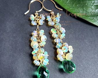 Green Quartz with Tiered Ethiopian Opal Clusters on Gold Filled Ear Wires