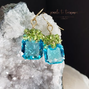 Sea Blue Topaz with Peridot on Gold Filled Ear Wires Gift for Her image 2