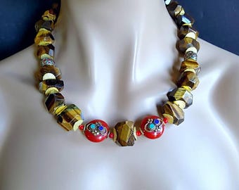 Nepalese Chunky Tigers Eye Nugget Statement Necklace on Gold Gift for Her