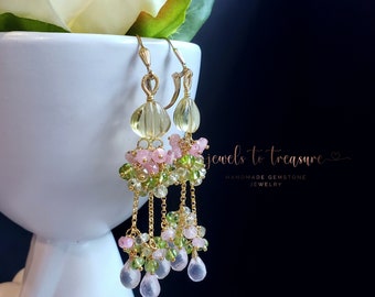 Lemon Topaz with Pink Tourmaline and Peridot Chandelier Earrings on Gold Filled Leverbacks Gift For Her